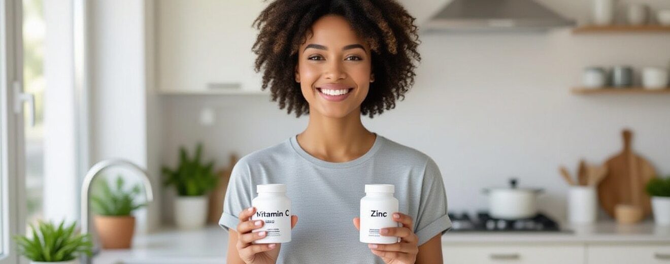 Smiling woman in a bright kitchen holding Vitamin C and Zinc supplement bottles, promoting immunity support and wellness.